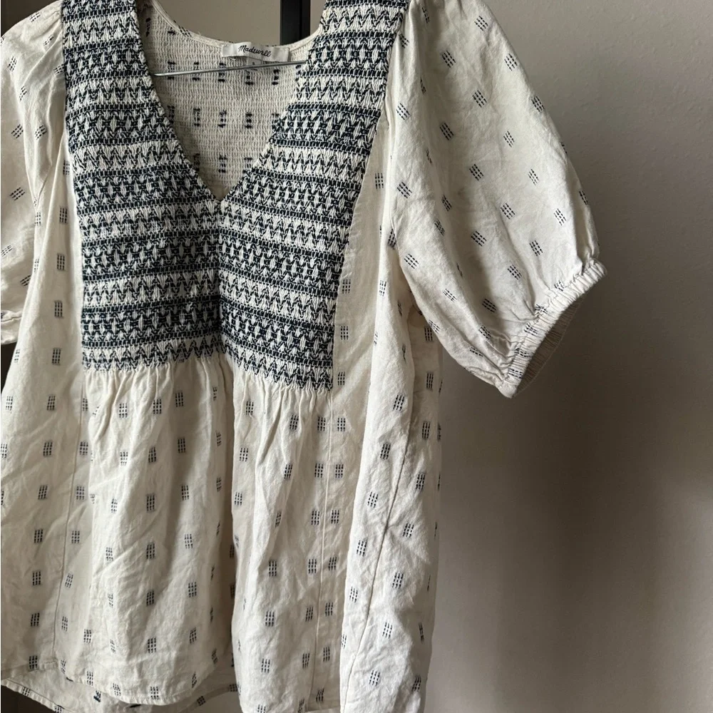 Madewell Cream and Black Textured peasent blouse